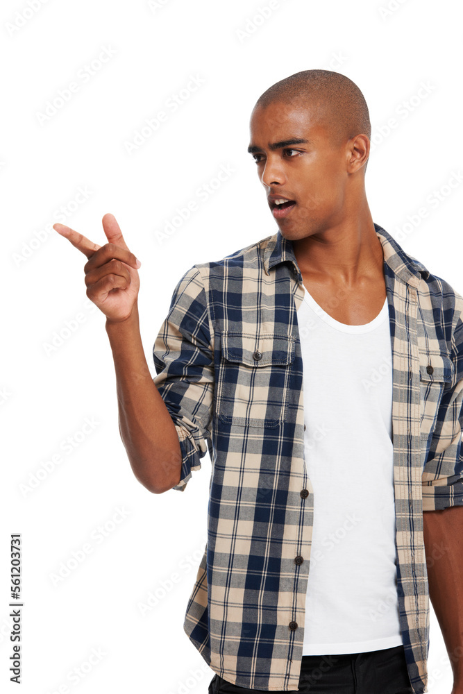 Fashion, casual and man pointing in studio with a omg, wtf or surprise facial expression. Handsome, young and male model from Brazil with trendy, stylish and cool outfit isolated by white background. Fashion, casual and man pointing in studio with a omg, wtf or surprise facial expression. Handsome, young and male model from Brazil with trendy, stylish and cool outfit isolated by white background.