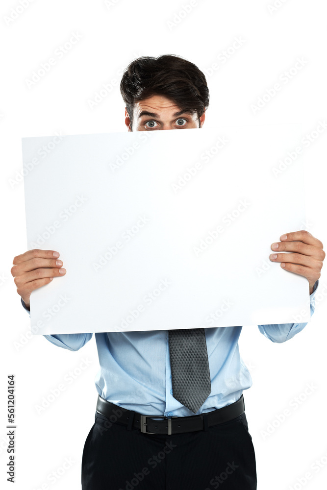 Placard mockup, employee portrait and man with marketing poster, advertising banner or product placement. Billboard sign, business studio mock up or hiding sales model isolated on white background Placard mockup, employee portrait and man with marketing poster, advertising banner or product placement. Billboard sign, business studio mock up or hiding sales model isolated on white background