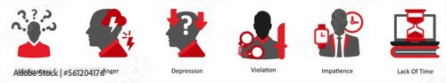 Six mix icons in red and black as aimlessness, anger, depression