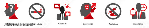 Six mix icons in red and black as depression, bad habits, criticism