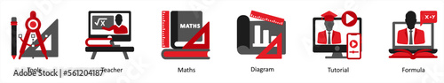 Six mix icons in red and black as tools, teacher, maths
