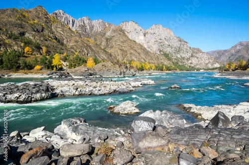 View of river Katun and Altay mountains in the autumn