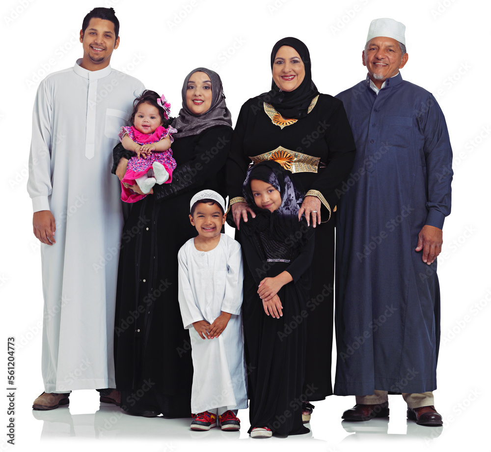 Big family, happy portrait and children, parents and grandparents together for Islam religion eid. Happy arab women, men and kids from Islamic culture in ramadan isolated on a white background