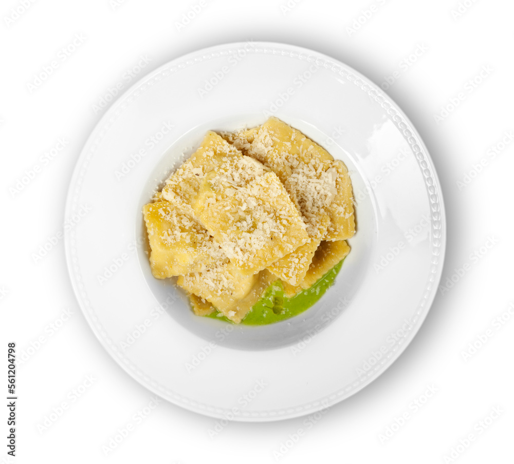 Fresh delicious ravioli with sauce on the plate