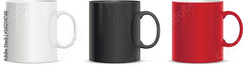 Mock up mugs. Realistic white, black and red cups.