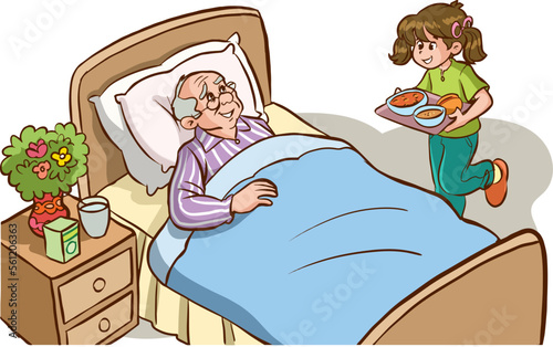Child visiting grandfather in hospital. grandchild taking food to his sick grandfather cartoon vector