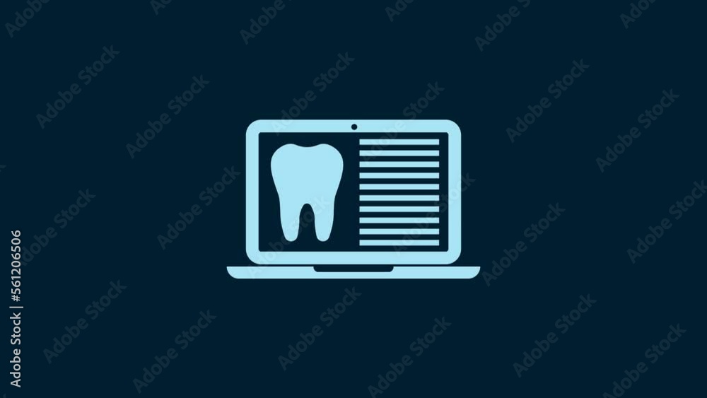 White Laptop with dental card or patient medical records icon isolated on blue background. Dental insurance. Dental clinic report. 4K Video motion graphic animation