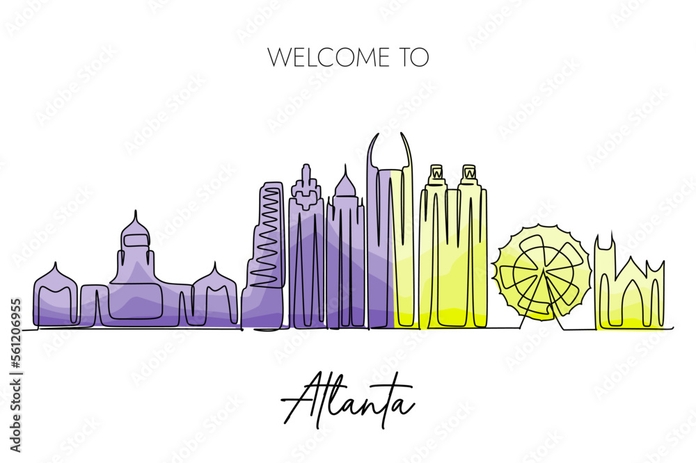 Atlanta city skyline one continuous line drawing. World Famous tourism destination. Simple hand drawn style design for travel and tourism promotion campaign