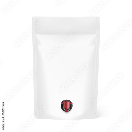 Pouch plastic liquid bag with a spout tap. Realistic vector mockup. Front view. Perfect for the presentation your product. EPS10.	