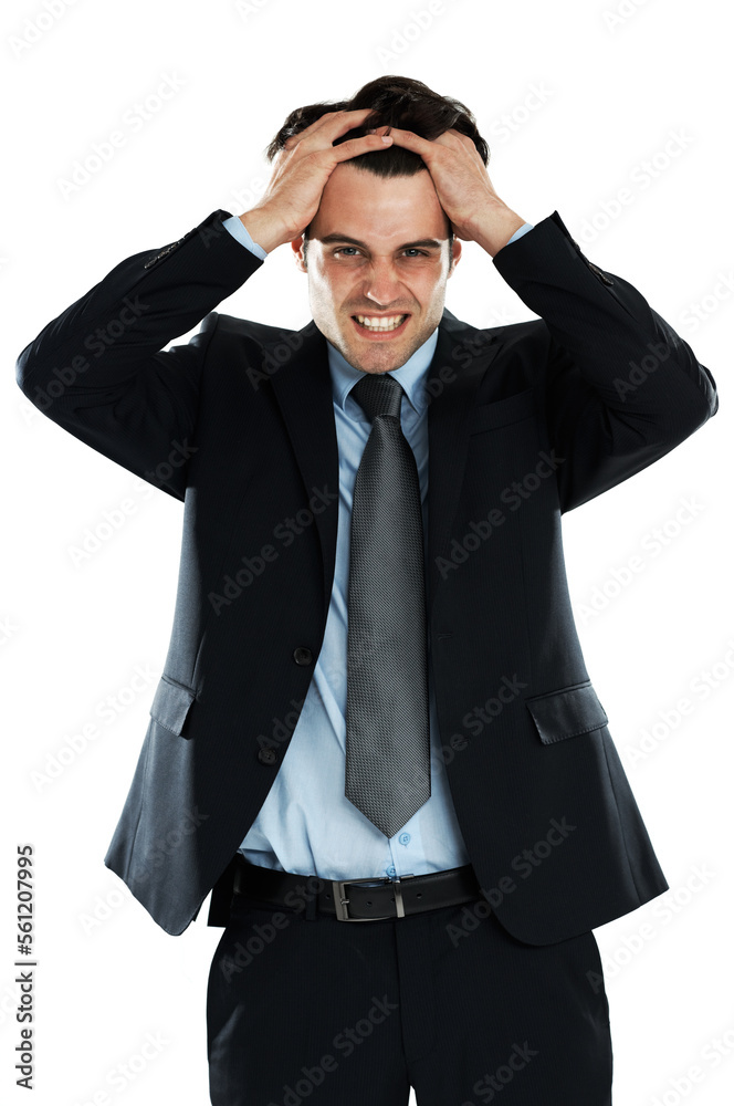 Stress, anxiety and mental health of business man in studio isolated on a white background. Burnout, depression and portrait of sad male employee from Canada after bad news, deal or financial crisis Stress, anxiety and mental health of business man in studio isolated on a white background. Burnout, depression and portrait of sad male employee from Canada after bad news, deal or financial crisis