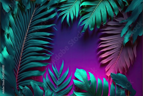 Neon frame blank space for text  tropical leafs  ai generated
