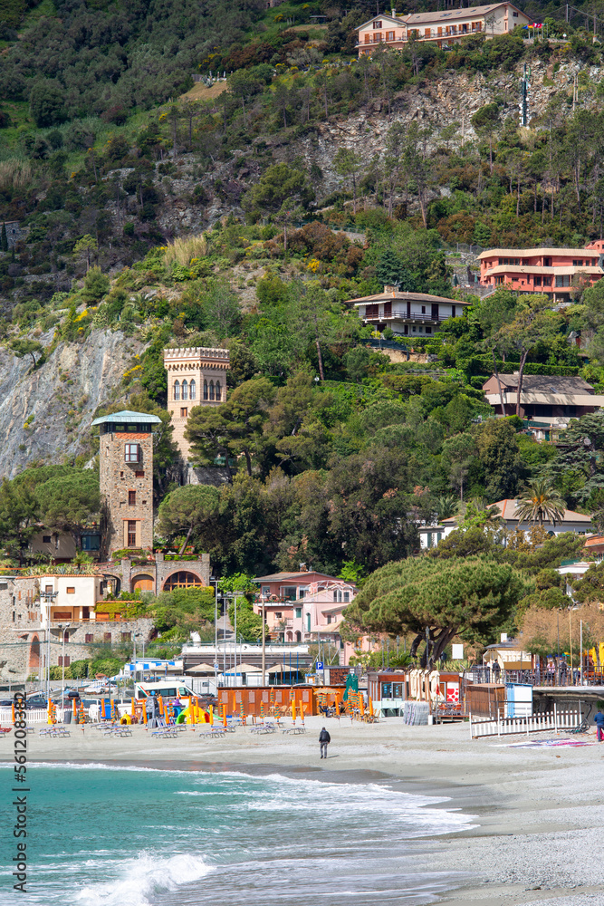 View on seaside and typical colorful houses in small village, Riviera di Levante, Monterosso, Cinque Terre, Italy