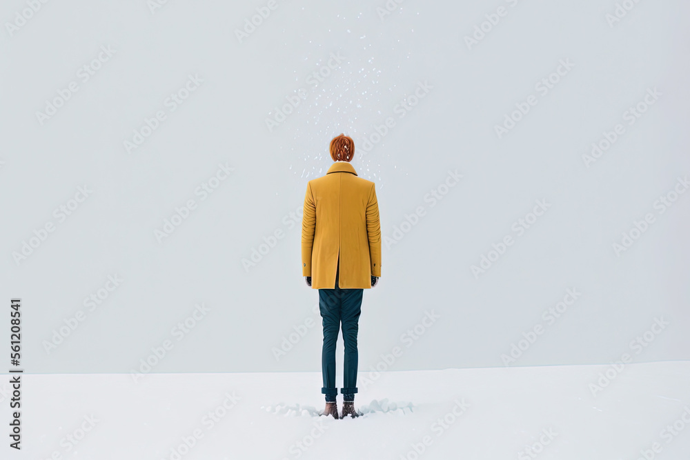 Generative AI minimalist illustration of a man with his back to the camera in a snowy landscape. Artwork Generative AI minimalist illustration of a man with his back to the camera in a snowy landscape. Artwork