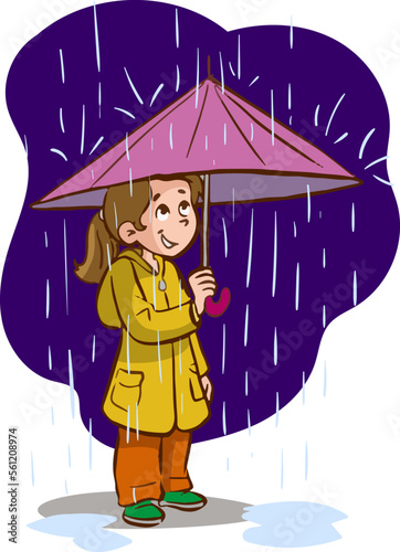 girl with umbrella in rainy weather cartoon vector