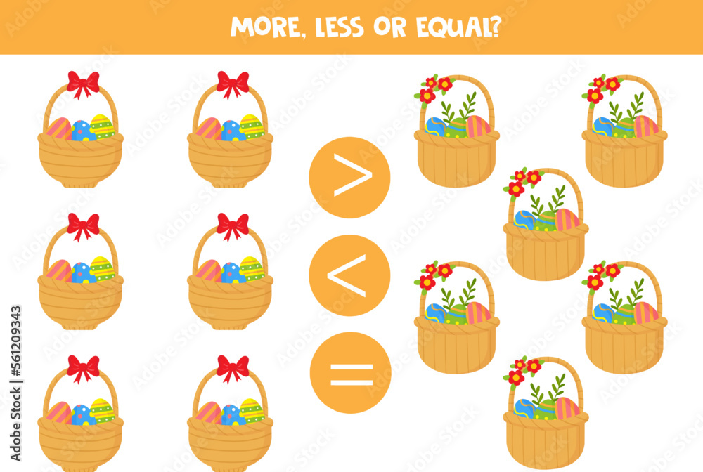 More, less, equal with Easter baskets. Math game for kids. More, less, equal with Easter baskets. Math game for kids.