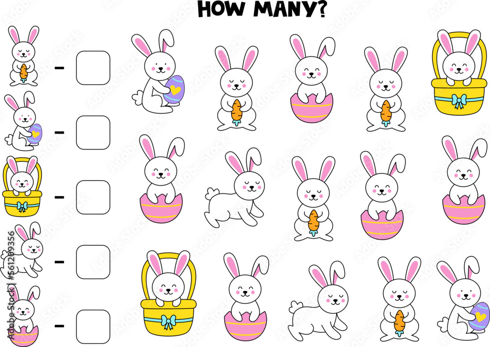 Obraz premium Counting game with cute cartoon Easter rabbits. Math worksheet.