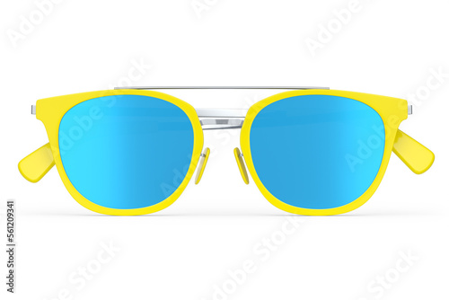 Realistic sunglasess with gradient lens and yellow plastic frame on white