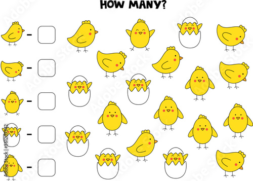 Counting game with cute yellow chickens. Math worksheet.