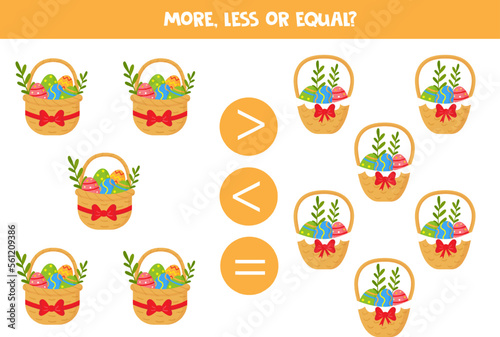 More, less, equal with Easter baskets. Math game for kids.