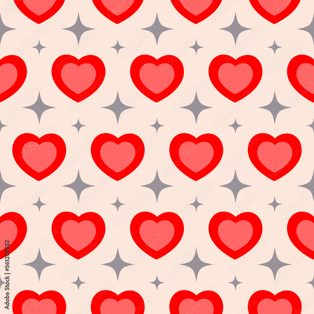 Groovy hearts shape seamless pattern. Retro square banner with red harts and gray stars on a beige background