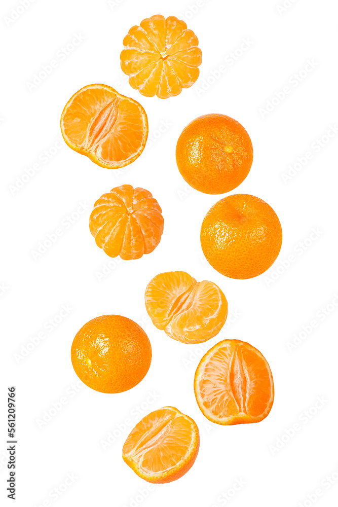 Falling peeled sliced tangerine isolated on white Falling peeled sliced tangerine isolated on white