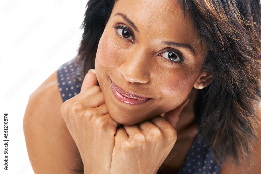 Face, woman and portrait with skin and beauty for skincare, cosmetics and makeup against white background. Hair, smile and facial zoom with wellness, dermatology and natural cosmetics with glow Face, woman and portrait with skin and beauty for skincare, cosmetics and makeup against white background. Hair, smile and facial zoom with wellness, dermatology and natural cosmetics with glow