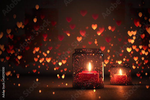 Red candles in a jars on a dark background with bokeh and many small hearts created with Generative AI technology