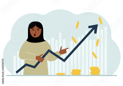 The woman is holding an arrow pointing up. The concept of growth in business, company promotion or business income growth.