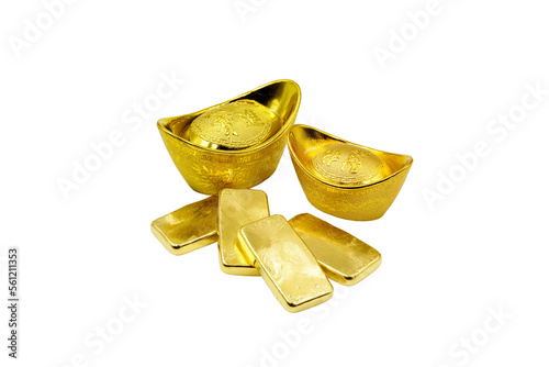 Traditional chinese gold ingots or bullion nugget with 4 chinese words Zhao Cai Jin Bao mean wish you wealth and success with gold bars isolated on white background 