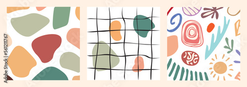 A collection of three unique designs with hand-drawn figures and doodles in the form of various objects. These abstract and trendy vector illustrations are perfect for giving a trendy touch to any pro