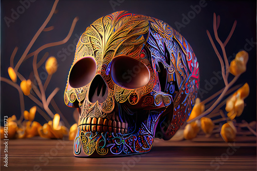 Mardi Gras Skull - Intricate and ornate skull in traditional Mardi Gras purple, green, and gold colors. Generative AI image to celebrate Fat Tuesday in New Orleans photo
