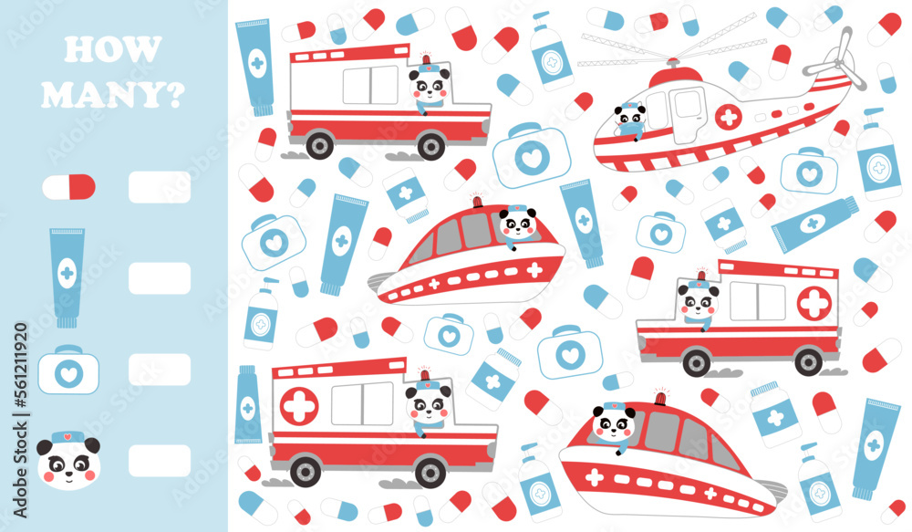 Printable how many game for kids with ambuance transport and panda character doctor