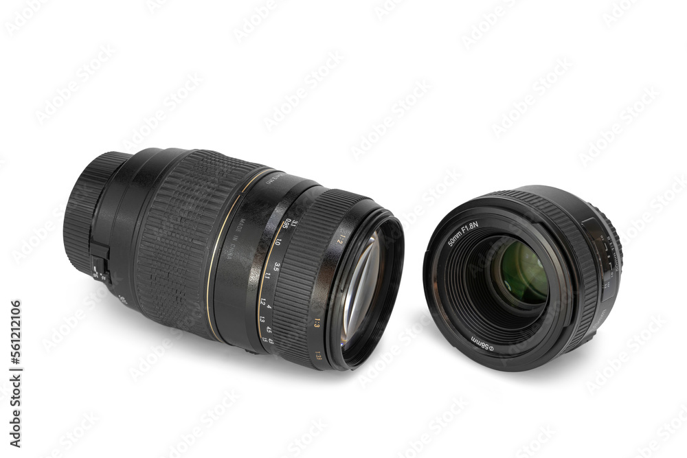 Fototapeta premium Camera lenses on isolated white background. 70-300 mm and 50mm.