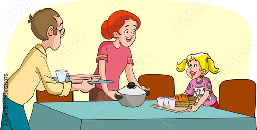 family gathers the dinner table together cartoon vector