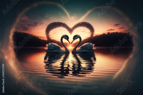 two swans on the lake, heart shape, ai generated