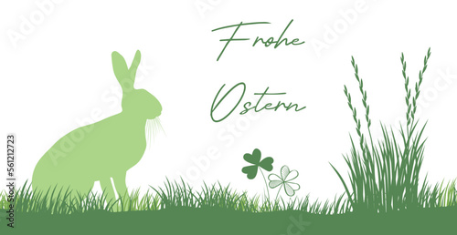 German Happy Easter Business Greeting Card with easter bunny silhouette in grass and wildflower meadow