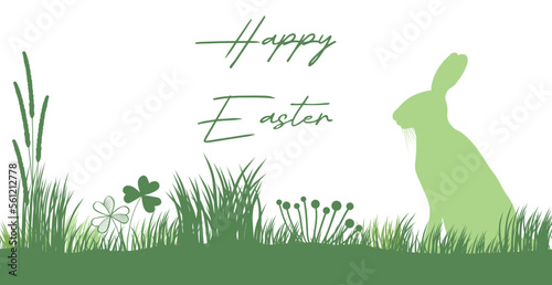 Happy Easter Business Greeting Card with easter bunny silhouette in grass and wildflower meadow with handwritten lettering
