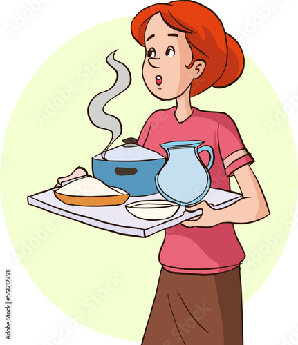 Tiredness of cooking at home concept. Sad frustrated irritated pretty girl cartoon character in apron  and feeling tired of housework vector illustration