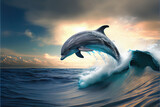 Dolphin jumping out of the ocean waves - generative AI image of a gorgeous and sleek dolphin flipping out of the ocean water to grab some air. This oceanic mammal is one of the smartest in the world