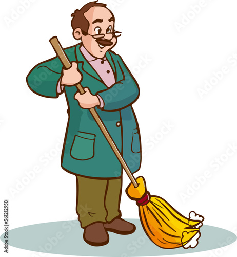 Man in uniform cleaning the floor with a broom cartoon vector