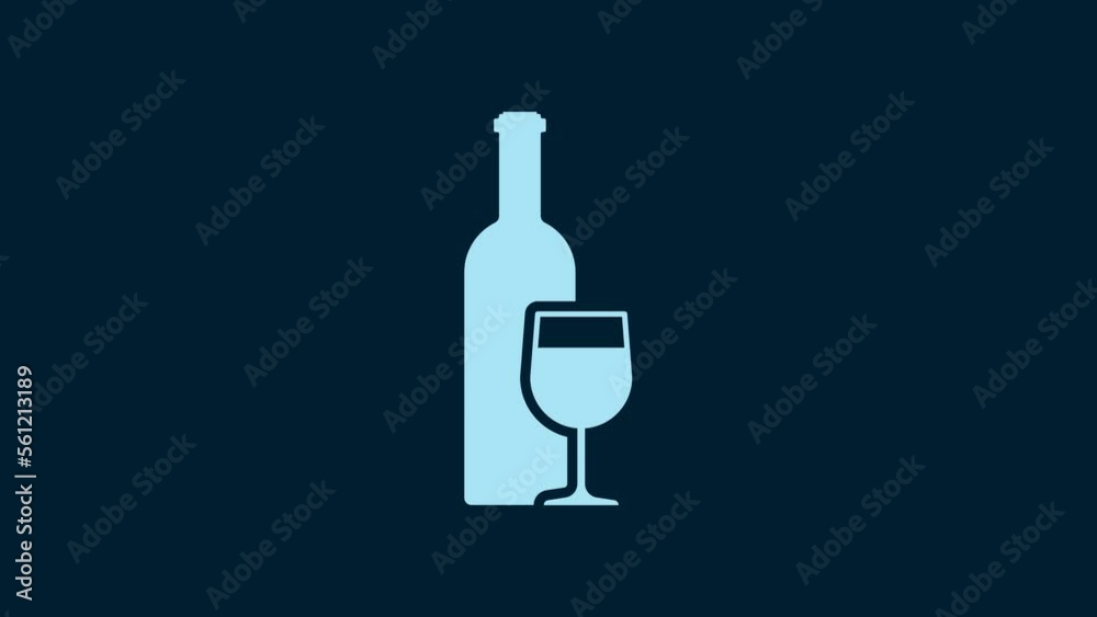 White Wine bottle with wine glass icon isolated on blue background. 4K Video motion graphic animation White Wine bottle with wine glass icon isolated on blue background. 4K Video motion graphic animation
