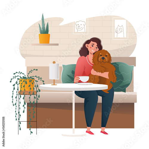 Cute cozy pet-friendly coffee shop or cafe. Woman with funny dog eating or drinking coffee at the restaurant. Female character petting the dog at the table inside the cafe vector cartoon illustration.
