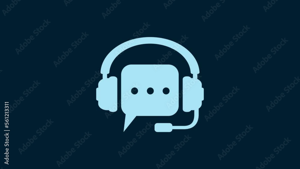 White Headphones with speech bubble icon isolated on blue background. Support customer services, hotline, call center, guideline, maintenance. 4K Video motion graphic animation White Headphones with speech bubble icon isolated on blue background. Support customer services, hotline, call center, guideline, maintenance. 4K Video motion graphic animation
