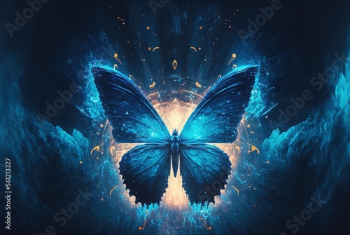 Divine azure blue butterfly, enchanting magical fire surrounds its flamboyant wings as it takes flight into the midnight sky - Generative AI illustration.