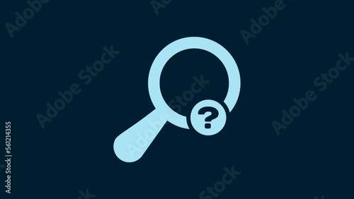 White Unknown search icon isolated on blue background. Magnifying glass and question mark. 4K Video motion graphic animation