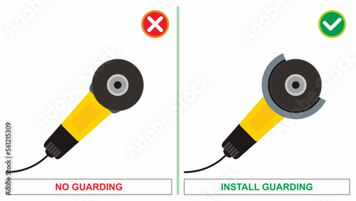Workplace safety do's and dont's vector illustration. Hand grinder machine without guard to protect user from sparks as well as from broken fragments if the grinding wheel fails.