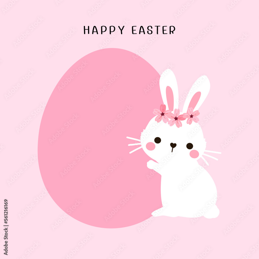 Easter egg, white rabbit cartoon and hand written font on pink background vector.
