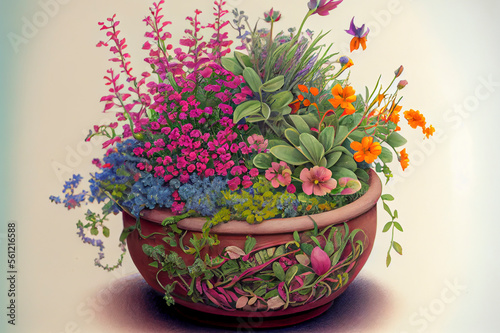 A flower pot filled with a mix of annuals and perennials  with trailing vines and bright blooms  ai illustration