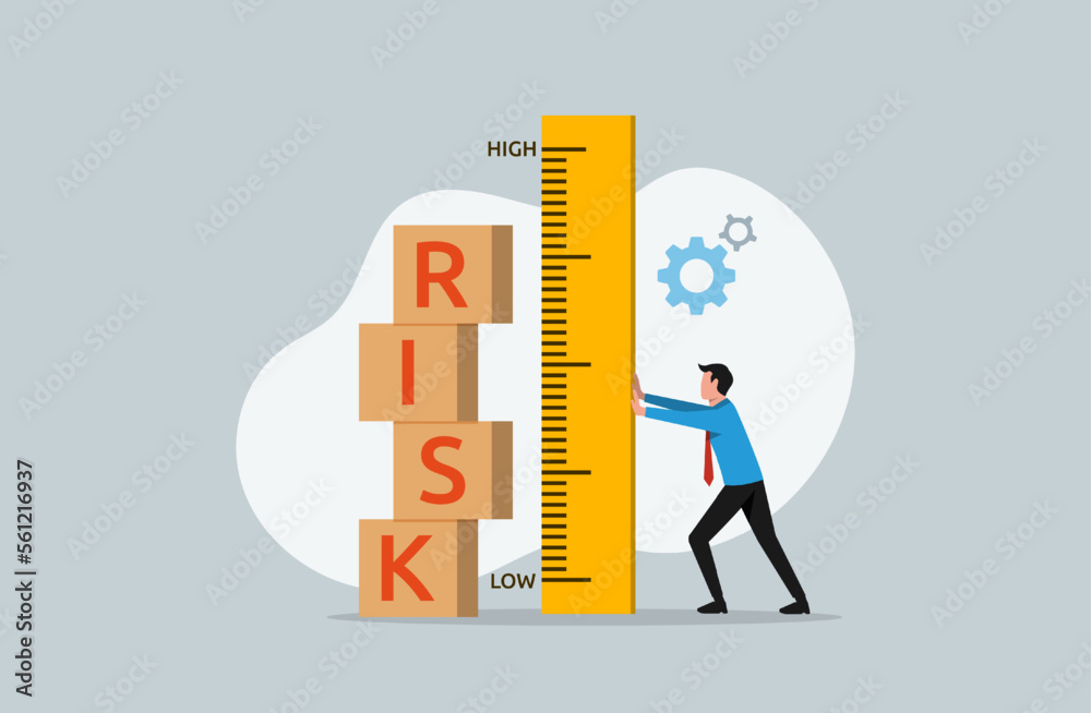 Risk assessment and investigation, analyze potential danger level, businessman measuring risk boxes with ruler symbol - obrazy, fototapety, plakaty 
