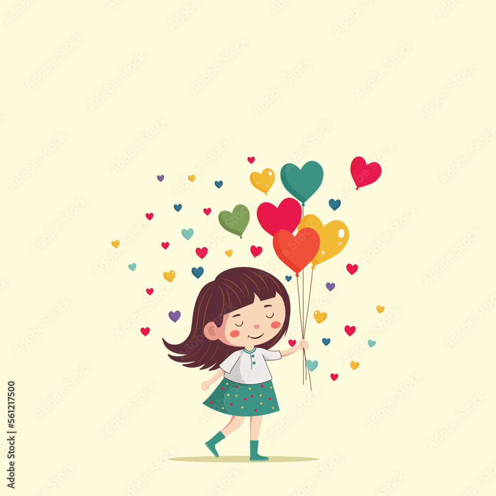 Cute Young Girl Holding Heart Balloons And Colorful Tiny Hearts Decorated Pastel Yellow Background.